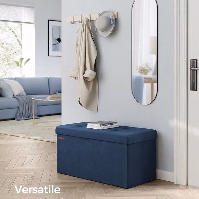 SONGMICS Velvet Storage Ottoman, Foldable Small Foot Rest in Midnight Blue