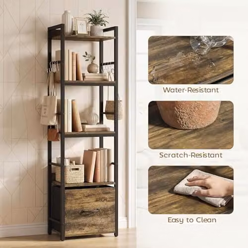 HOMCOM 4-Tier Bookshelf with Drawer and 8 Hooks, Rustic Brown, W: 39 cm, D: 26 cm, H: 136.5 cm – 5