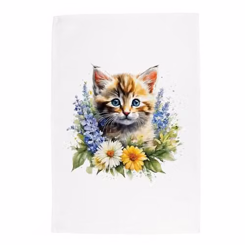 Purely Home Floral Kitten Tea Towel in White and Multicolour, W: 67 cm, H: 45 cm