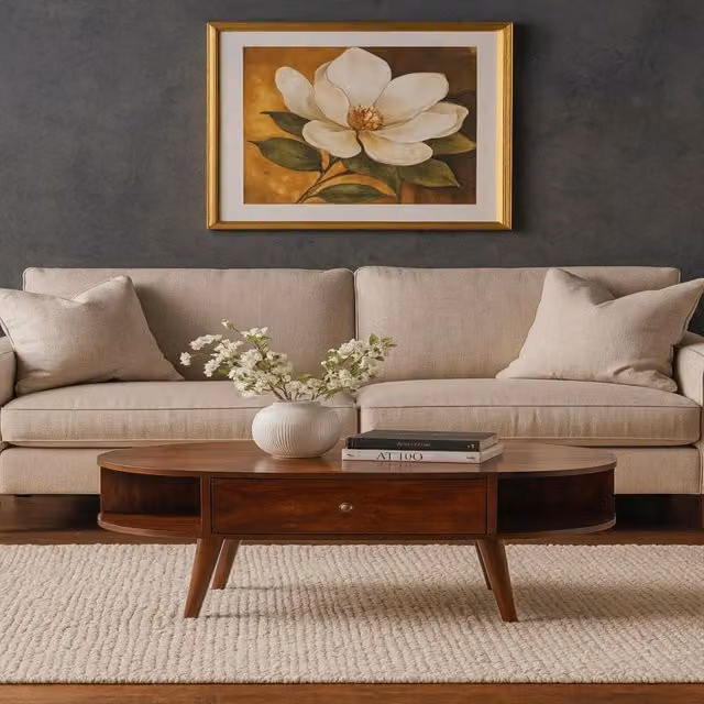 Artisan Furniture Mid-Century Oval Solid Wood Coffee Table with 1 Drawer in Brown