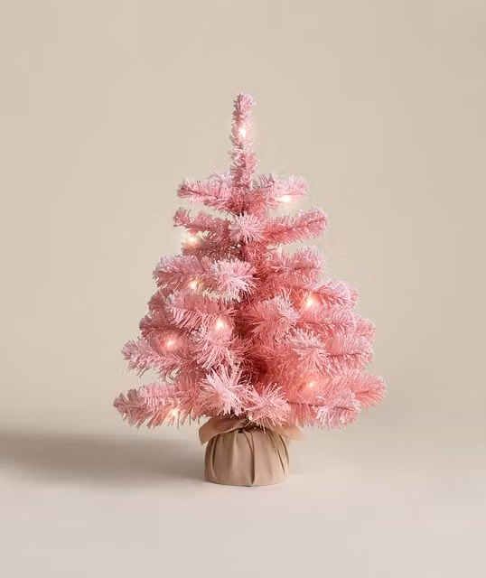 M&S Pre-Lit Pink Snowy Tabletop Christmas Tree, Height: 45.72 cm