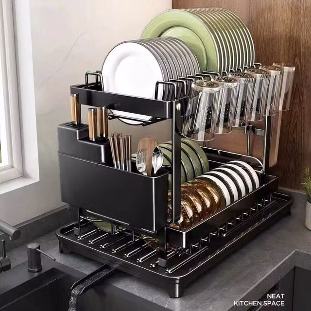 EONLION 2 Tier Dish Drainer Rack with Drip Tray and Cutlery Holder, Black – 1