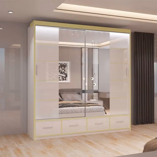 MN Furniture High Gloss Sliding Mirror Wardrobe with LED Lighting and Integrated Drawers, White, W: 203 cm, H: 220 cm – 1