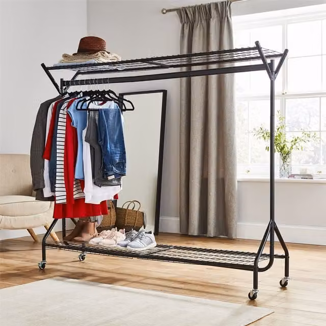 House of Home Heavy Duty Metal Clothing Rail with Shelves and Wheels in Matt Black, W: 182.88 cm, H: 152.4 cm, D: 100 cm