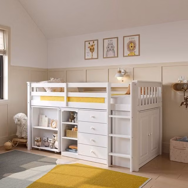 Oban Single Storage Cabin Bed with Desk in White and Grey