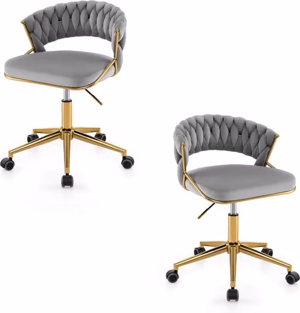 Costway Set of 2 Grey Velvet Upholstered Swivel Task Chairs with Castors