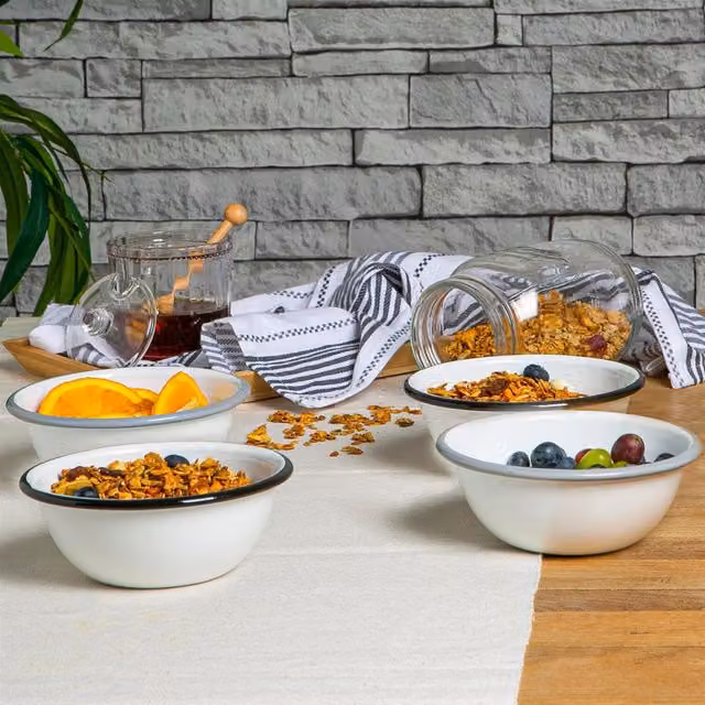 Argon Tableware White Enamel Bowls in Multicolour Black and Grey, Diameter: 16 cm