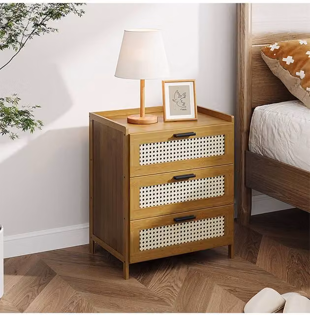 Living and Home 3-Drawer Narrow Bamboo Bedside Table with Plastic Rattan Details in Brown