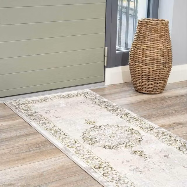 The Rug House Grey and Olive Green Distressed Traditional Medallion Bordered Area Rug, W: 240 cm, D: 70 cm