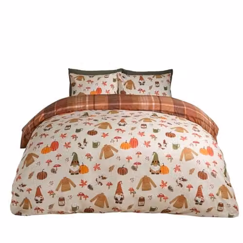 OHS Reversible Autumn Gonk Checked Duvet Cover Set with Pillowcases, Beige and Orange, W/D/H: 220 x 230 x 230 cm, Pillowcase: 50 x 75 cm, Duvet Cover: 180 x 200 cm