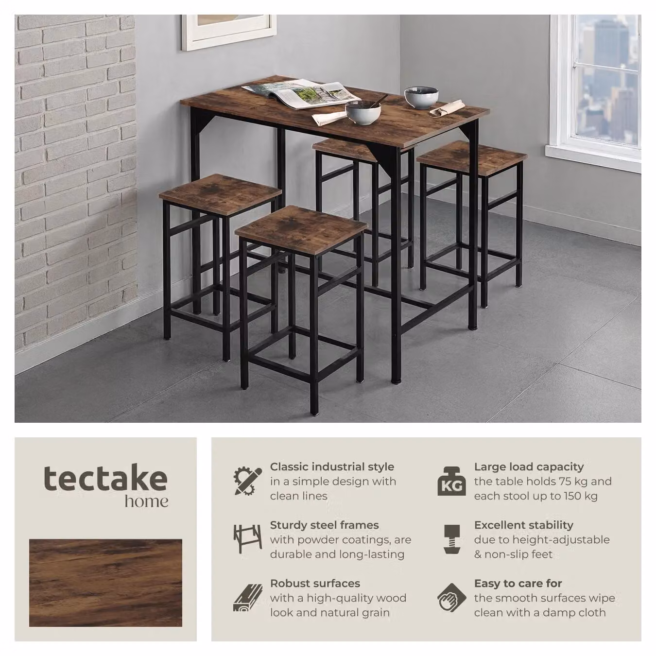 tectake Edinburgh Dining Table and 4 Bar Stools Set in Brown – 2