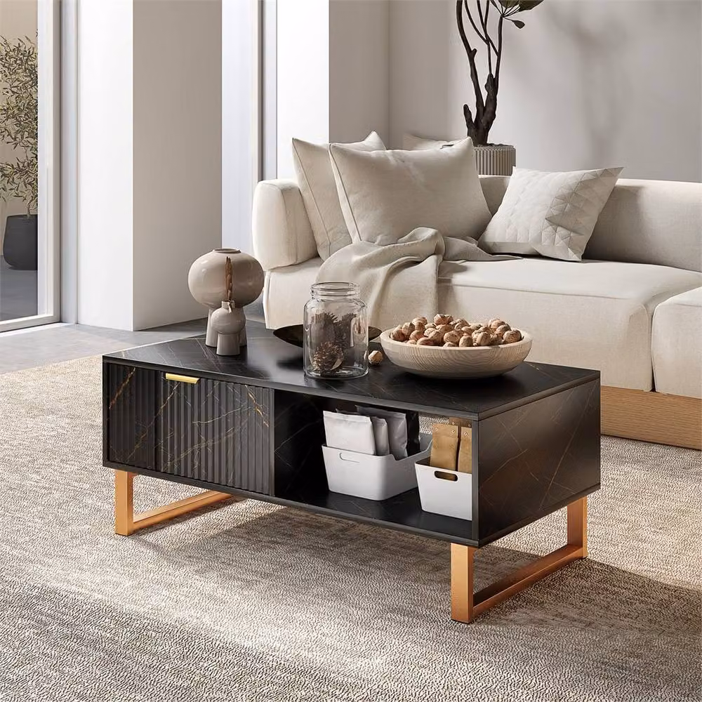 Kelvenix Modern Marble-Effect Coffee Table in Black and Gold – 4
