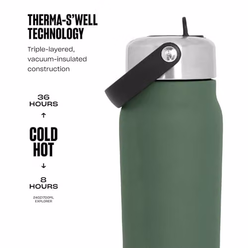 S'well Recycled Stainless Steel Explorer Bottle with Straw Lid, Green, 700ml – 2