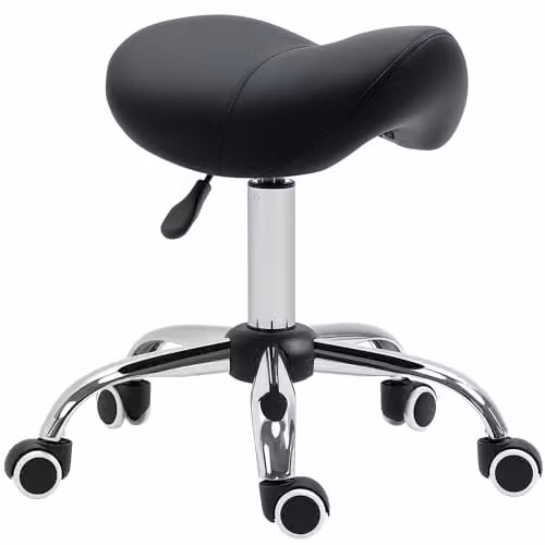 HOMCOM Black Synthetic Leather Saddle Stool with Metal Frame and Castors – 1