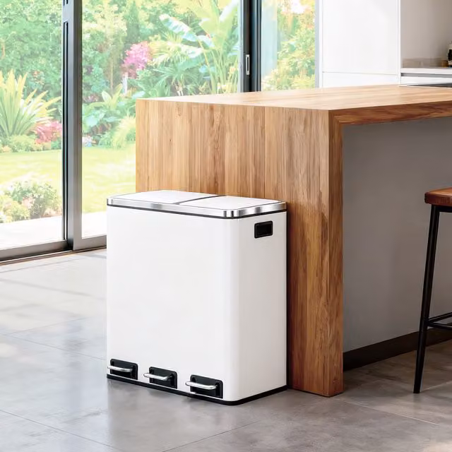 SONGMICS Double Kitchen Bin with Soft-Close Lids and Pedal Operation, White