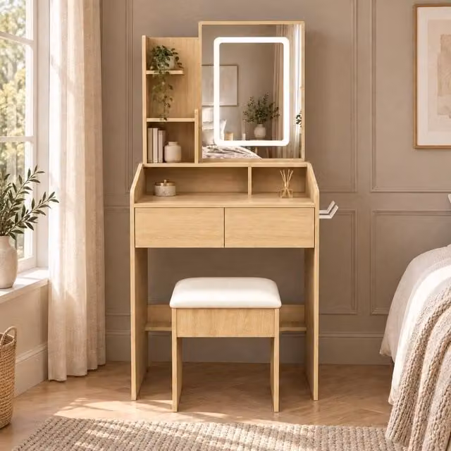 AKI HAUS Brown 2-Drawer Dressing Table with LED Mirror and Stool