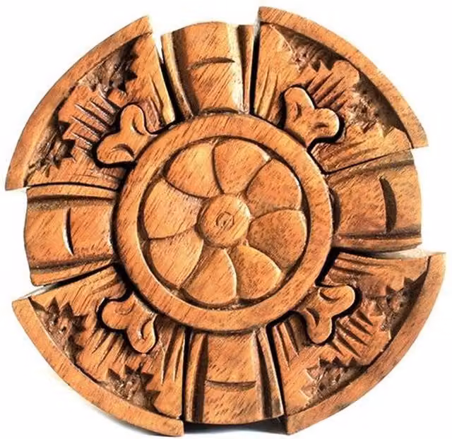 KDMK Bali Magic Box Round Petal Puzzle Gift Box in Brown Wood