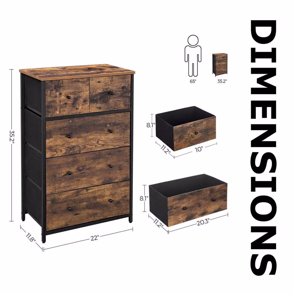 Pirlo Plush Industrial Rustic Brown Chest with 5 Fabric Drawers – 5
