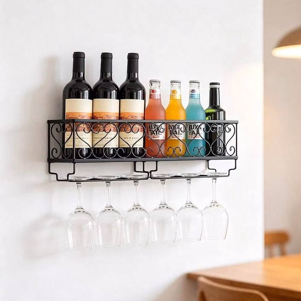 KORVIXA Wall Mounted Metal Wine Glass Rack Shelf in Matt Black, W/H: 100 x 100 cm – 3