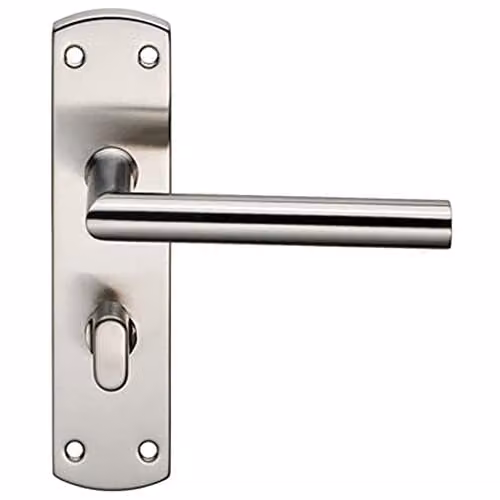 Loops Mitred Lever Bathroom Backplate Door Handle with Thumbturn Lock in Satin Steel Silver