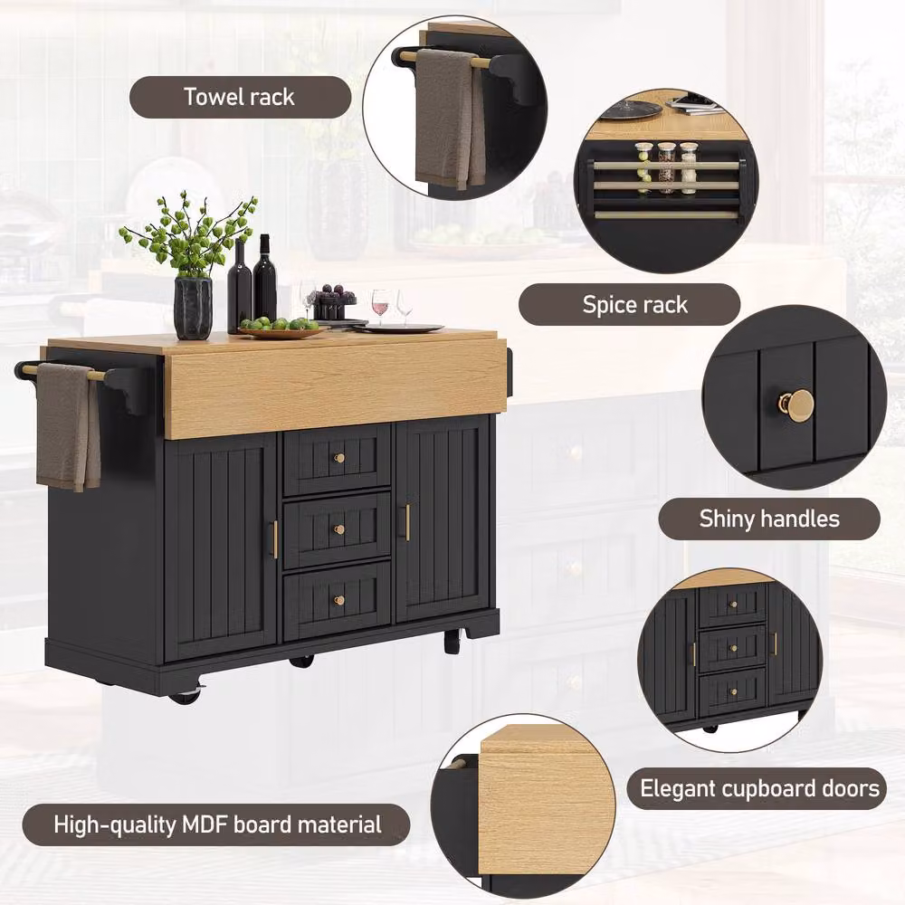BTM Kitchen Island Trolley Cabinet with Extendable Storage Drawers in Black – 4