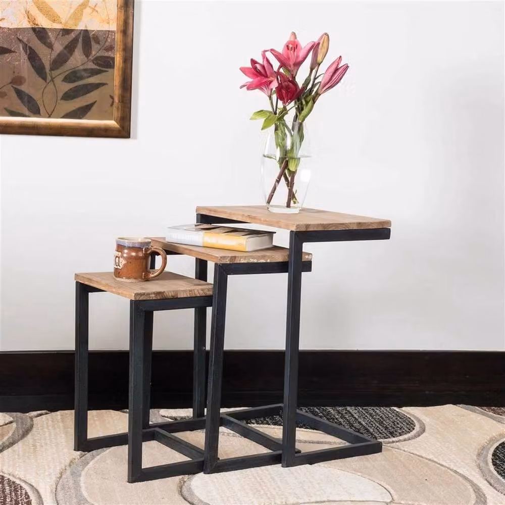 VOGREX 3-Piece Modern Nesting Tables with Wood Tone Tops and Metal Sled Base in Brown – 4