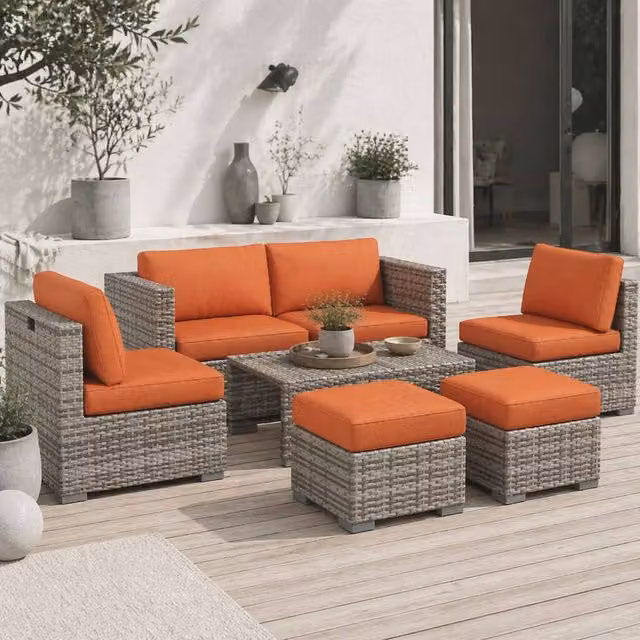 Wyld Haus Suve 6 Seater Grey PE Rattan Garden Furniture Set with Orange Cushions – 1