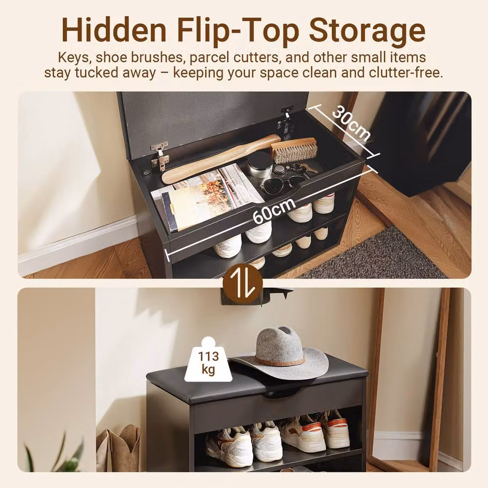 SoBuy Modern Black Hallway Shoe Rack and Entrance Bench with Synthetic Leather Padded Seat – 5