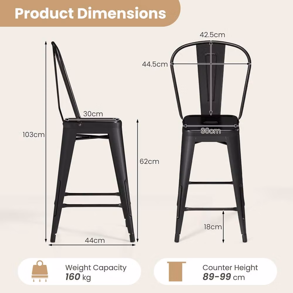 Costway Modern Black Metal Counter Height Barstools with Backrests and Footrests – 2