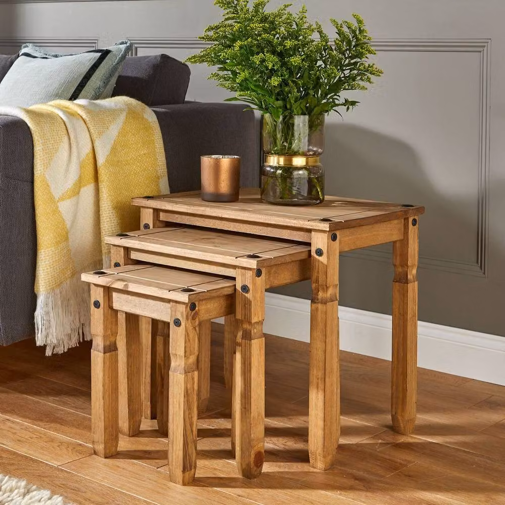FORGEVIO Set of 3 Rustic Brown Wood Nest of Tables with Square Nested Tops – 2