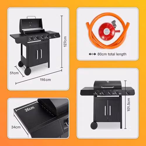 VonHaus Black Gas BBQ with 4+1 Burners, Side Burner, Warming Rack, Thermometer and Storage Cart – 8