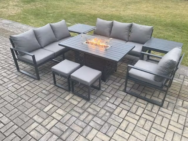 Fimous 8 Piece Aluminium Garden Furniture Set with 9 Seater Gas Fire Pit Dining Table, Cushions and 2 Side Tables in Dark Grey