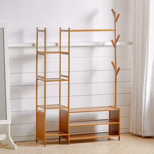EONLION Bamboo Clothes Rail with Storage Shelf in Brown, Width: 50 cm