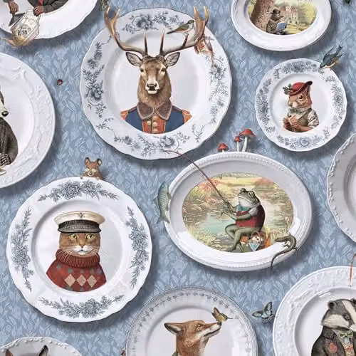 Holden Decor Quirky Framed Animals Vintage Tea Party Wallpaper in Soft Blue