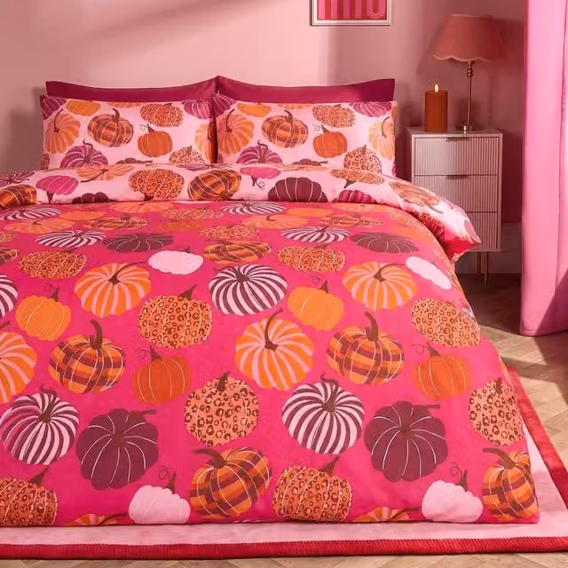 OHS Reversible Autumnal Pumpkin Print Microfibre Duvet Cover and Pillowcase Set, Bright Pink, W: 140 cm, H: 200 cm, Pillowcase: 90 x 200 cm