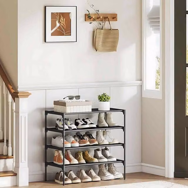 The Bazaarist 4 Tier Shoe Rack with Adjustable Fabric Shelves and Metal Frame, Black