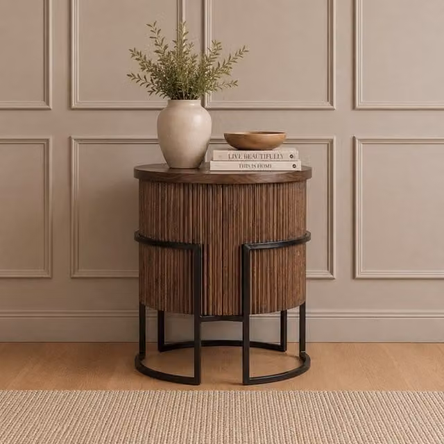 Elm Home And Garden Modern Round Mango Wood Side Table in Brown and Black
