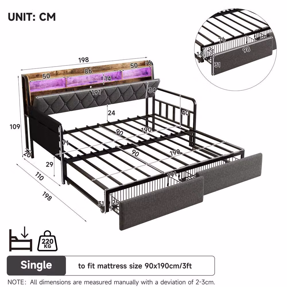 ModernLuxe Grey Upholstered Single Daybed with Pull Out Trundle, Storage Drawers and LED Headboard with USB Charging Port – 6
