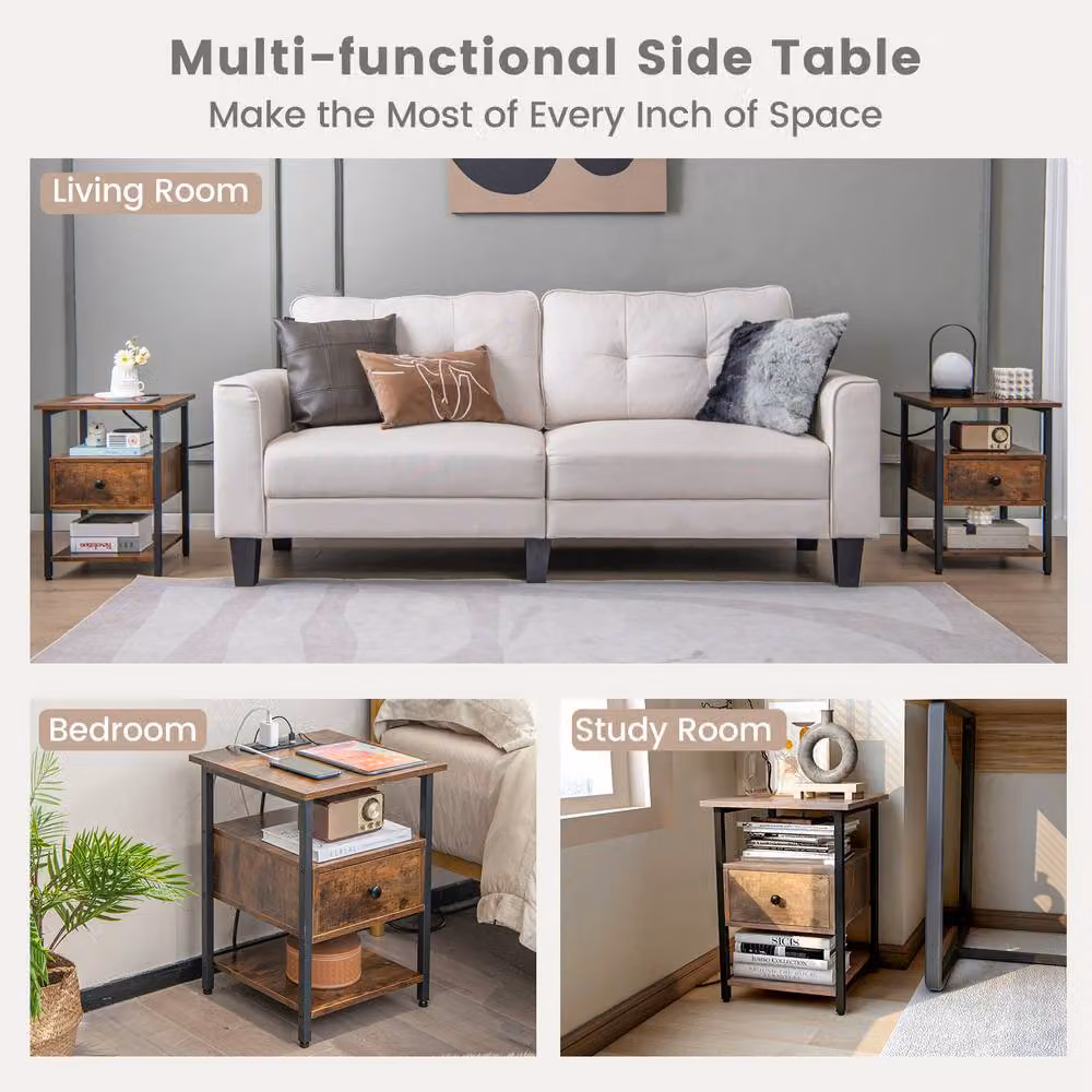 Costway 3-Tier Brown Nightstand with Charging Station and Industrial Wood and Metal Design – 6
