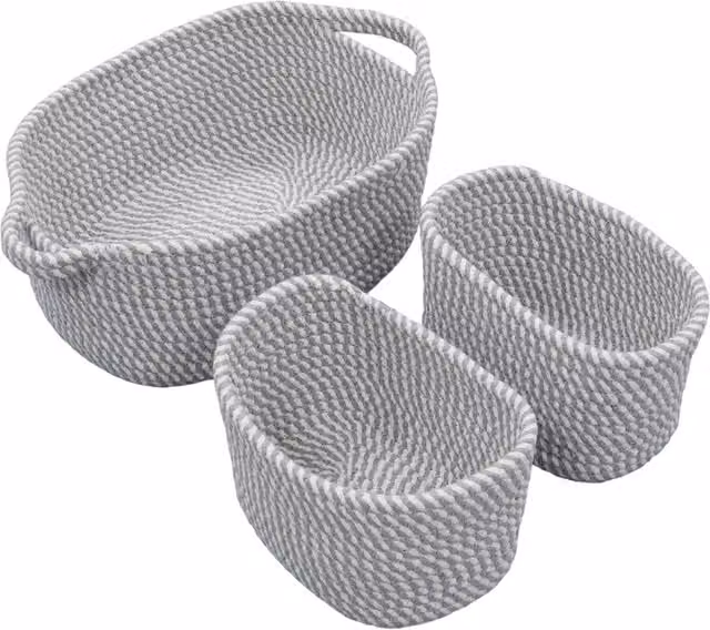 JVL Edison Set of 3 Rectangular Cotton Rope Storage Baskets with Handles, Grey