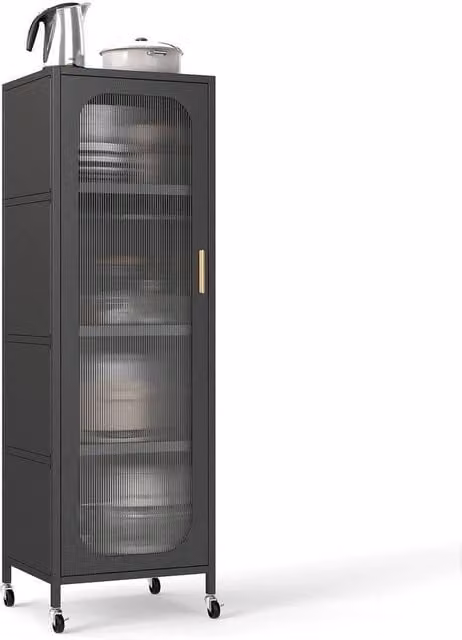 Kelvenix Tall Narrow 5-Tier Metal Kitchen Pantry Cabinet with Glass Doors in Matt Black – 1