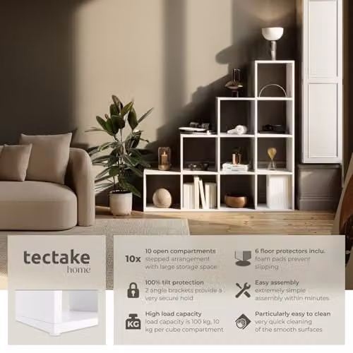 tectake Modern White Bookcase with 10 Tiered Open Cube Compartments, H 130 x W 130 x D 29 cm – 2