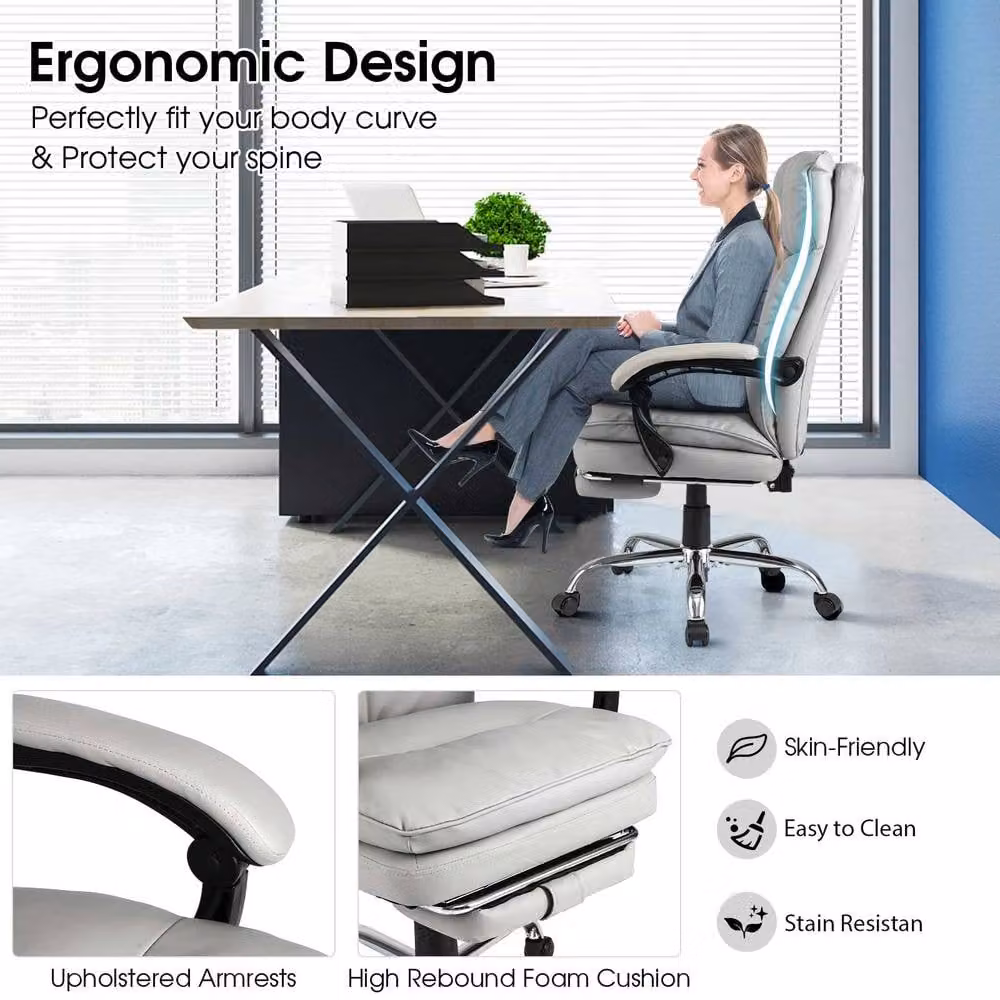 Costway Ergonomic Office Desk Chair with Footrest and Headrest in White Synthetic Leather – 3