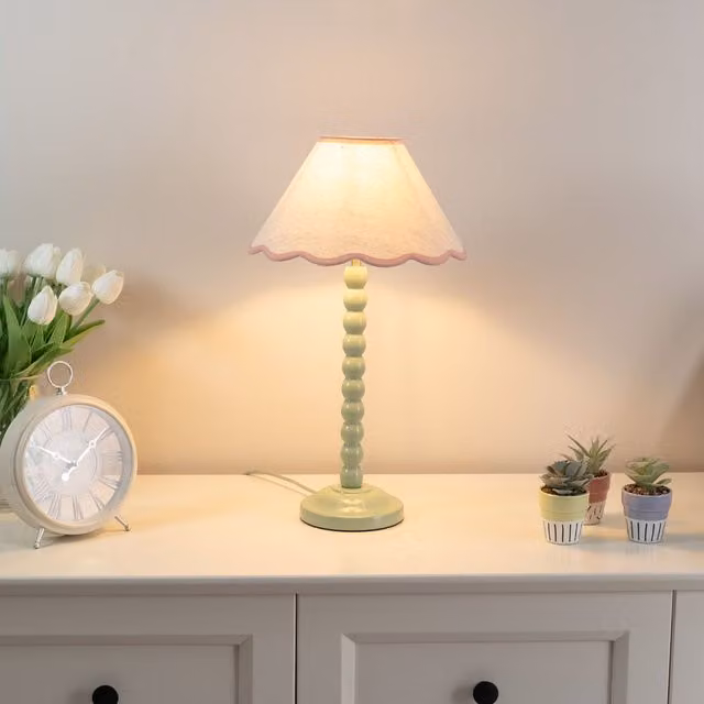 ValueLights Bobbin Ceramic Table Lamp in Sage Green with Pink Fabric Scallop Shade