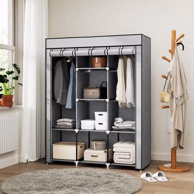 HOMCOM Portable Fabric Wardrobe with 8 Shelves and 2 Hanging Rails in Grey, H 162.5 x W 103.0 cm – 1