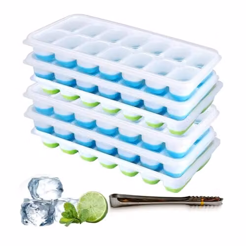 MantraRaj Pack of 3 Blue Silicone Ice Cube Trays with Non-Spill Lids and Ice Tong