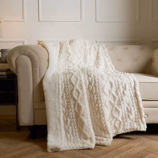 OHS Cable Knit Sherpa Blanket Cream Throw W/D/H: 180 x 200 cm – 1