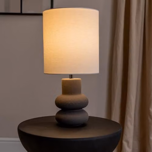 ValueLights Jude Black Stacked Abstract Ceramic Table Lamp with Linen Tall Drum Shade and Bulb – 3
