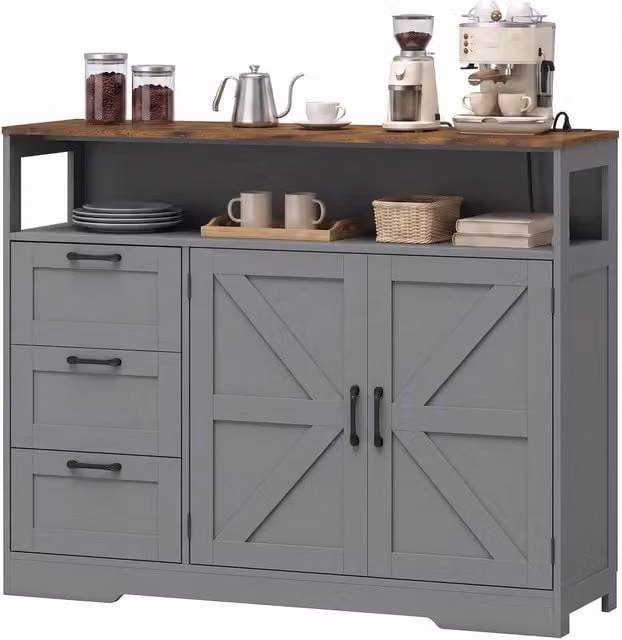 HOMCOM Rustic Grey and Brown Wood Sideboard Buffet Cabinet with Storage and Power Outlet