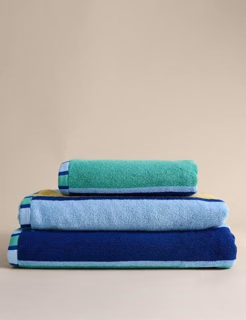 M&S Striped Pure Cotton Reversible Towel in Blue and Green